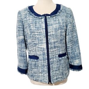 Cynthia Max Blue Tweed Jacket Women’s Size Medium Zip Front Lined Fringe Trim